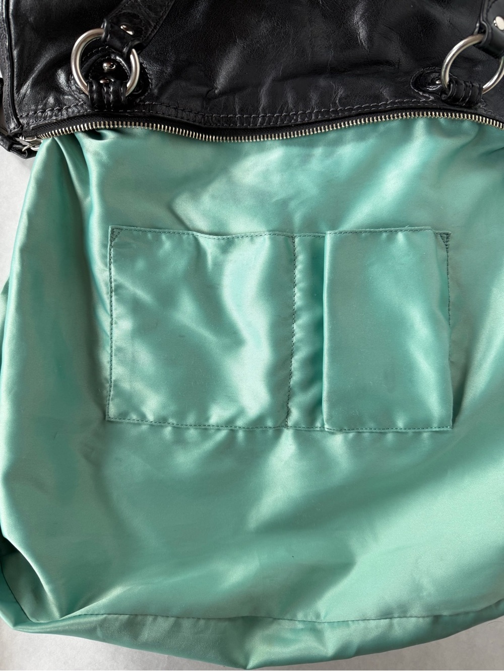Coach Poppy Black Distressed Leather Glam Tote Shoulder Bag Turquoise Lining - Picture 8 of 9